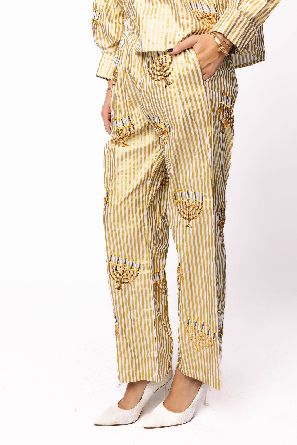 SAMPLE- Gold Striped Scattered Menorah Pant