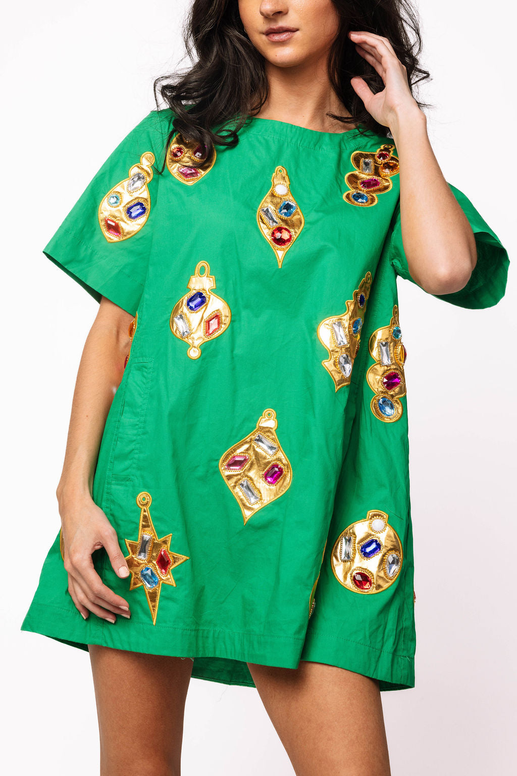 Green & Gold Jeweled Ornament Cotton Short Sleeve Dress