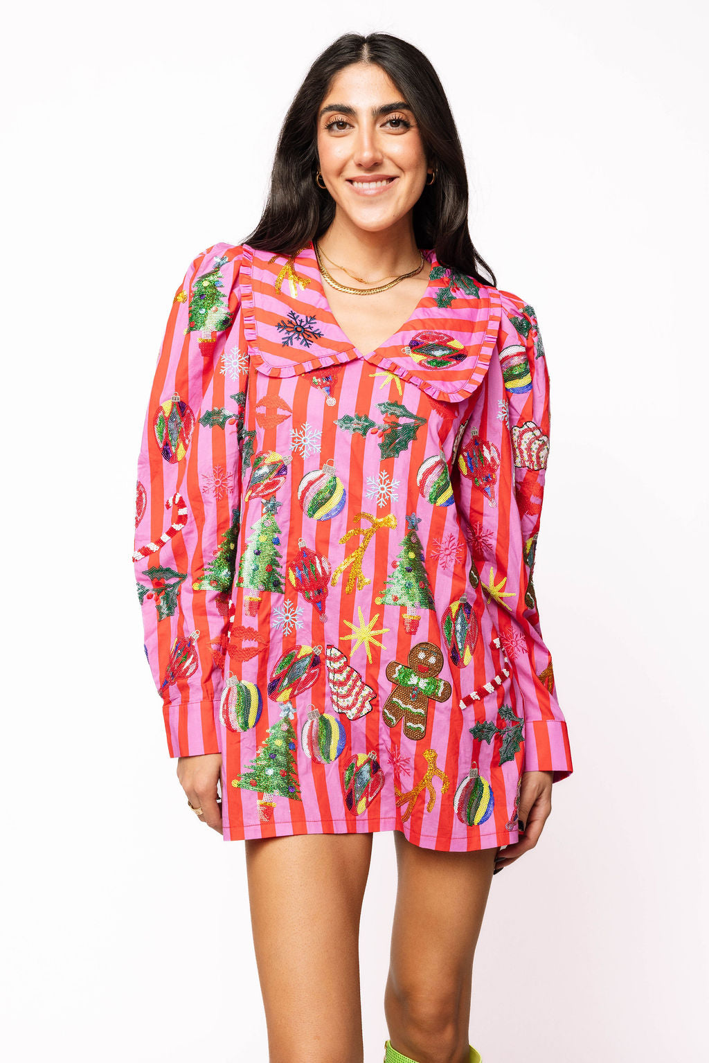 Pink & Red Stripe Christmas Icon Collar Dress