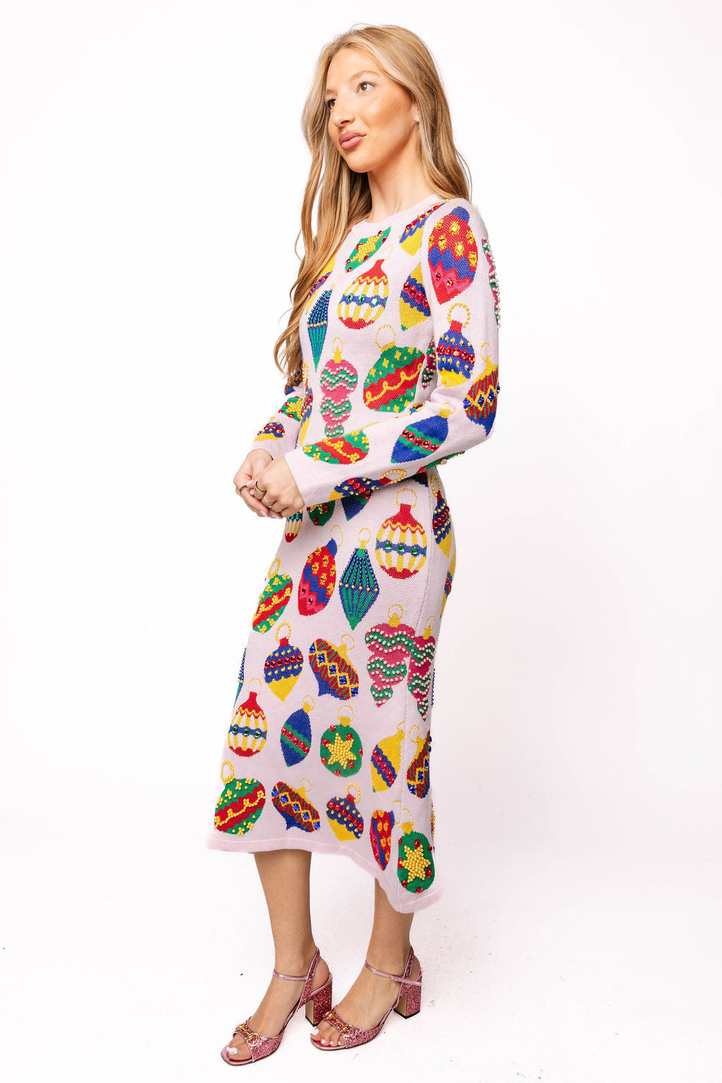 Light Pink Multi Jeweled Ornament Knit Midi Dress