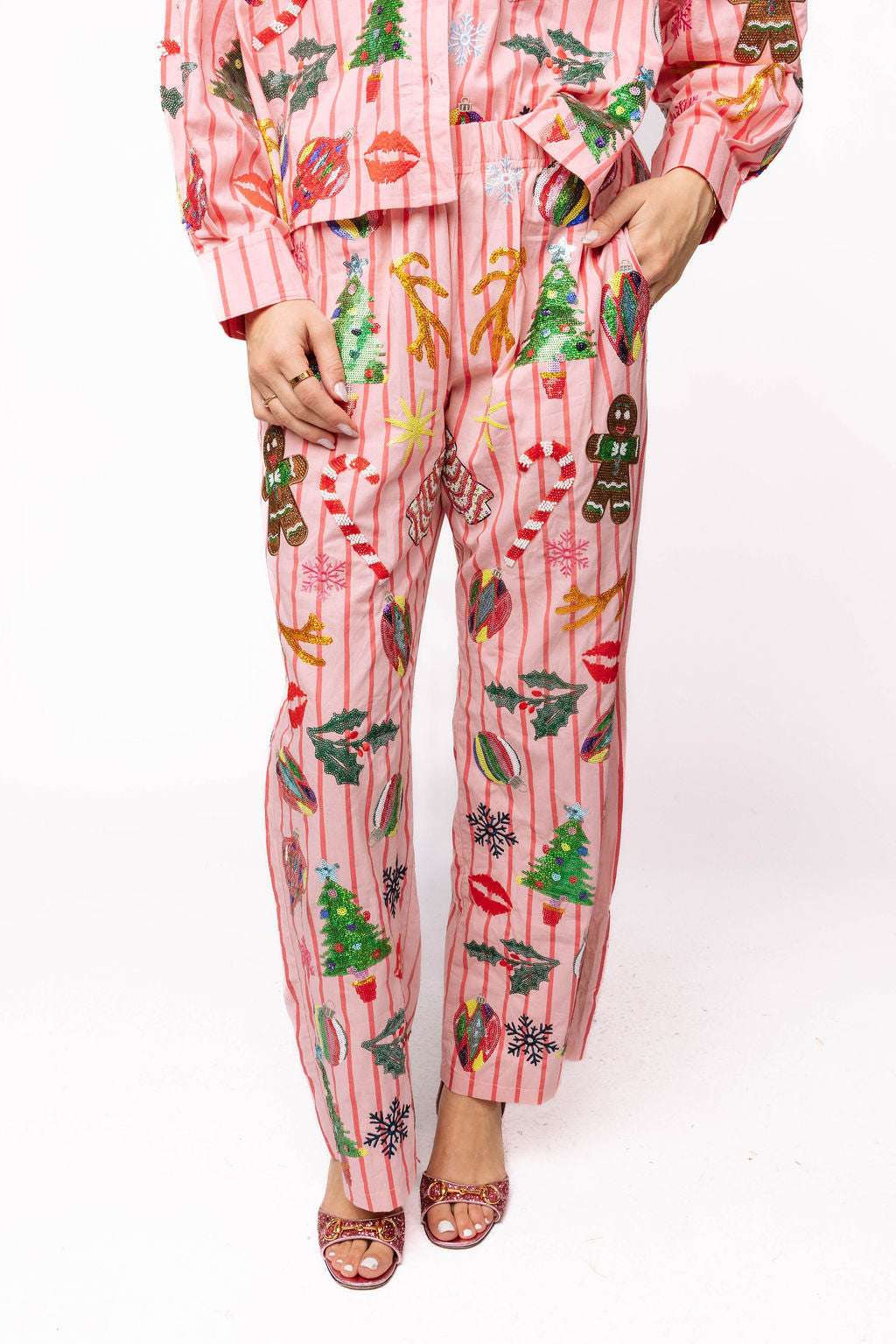 Light Pink & Red Stripe Christmas Icons Cotton Pant