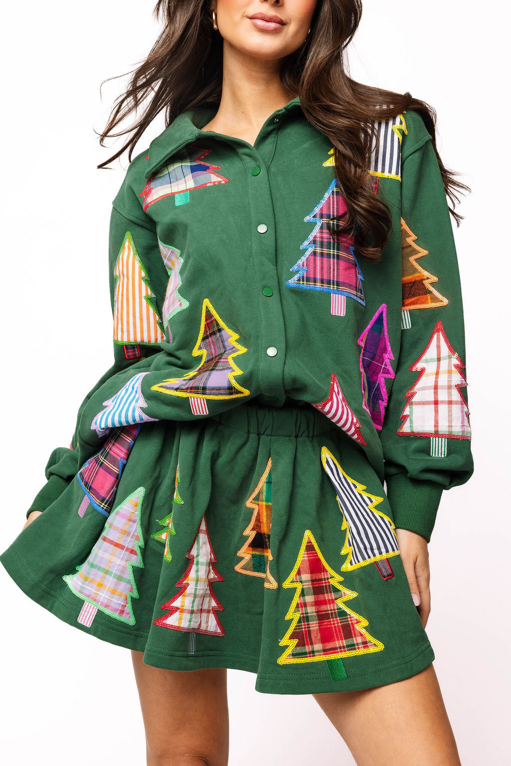 Dark Green Multi Plaid & Stripe Christmas Tree Pleated Skort