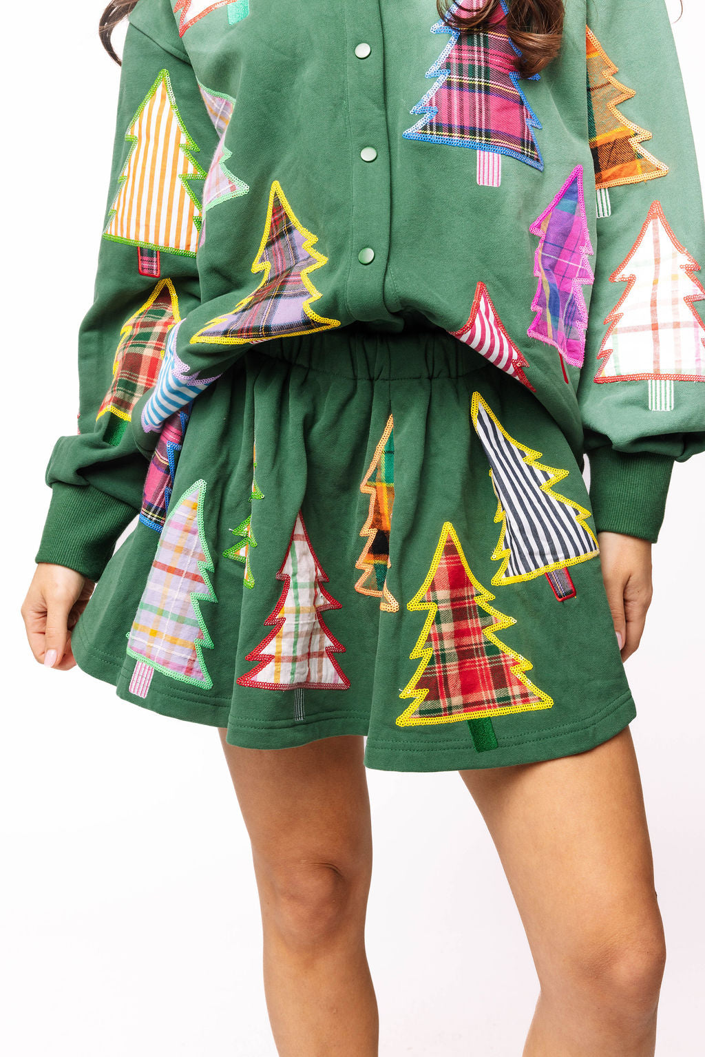 Dark Green Multi Plaid & Stripe Christmas Tree Pleated Skort