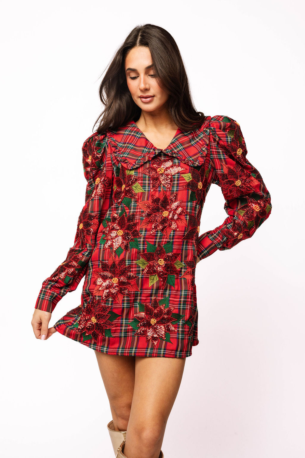 Red Plaid Poinsettia Oversized Collar Poof Sleeve Dress Queen of Sparkles Red Plaid Poinsettia Oversized Collar Poof Sleeve Dress Queen of Sparkles