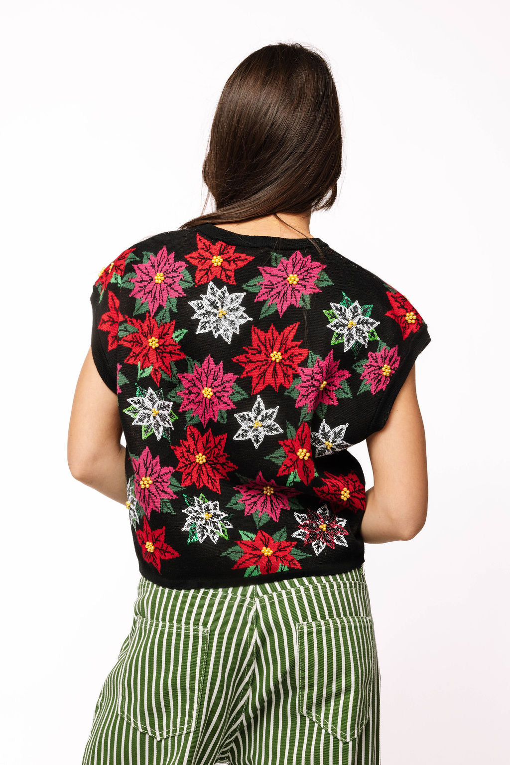 SAMPLE- Black, Red, Pink & white Poinsettia Knit Top