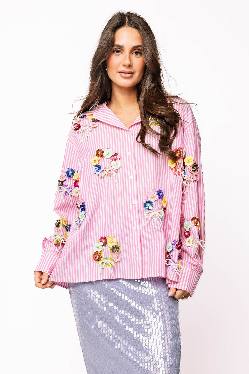 Pink & White Stripe Sequin Flower Wreath Cotton Button Up Top