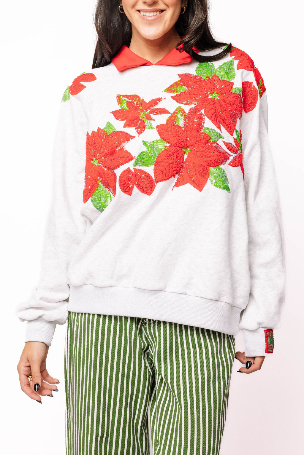 Grey & Red Collar Poinsettia Sweatshirt