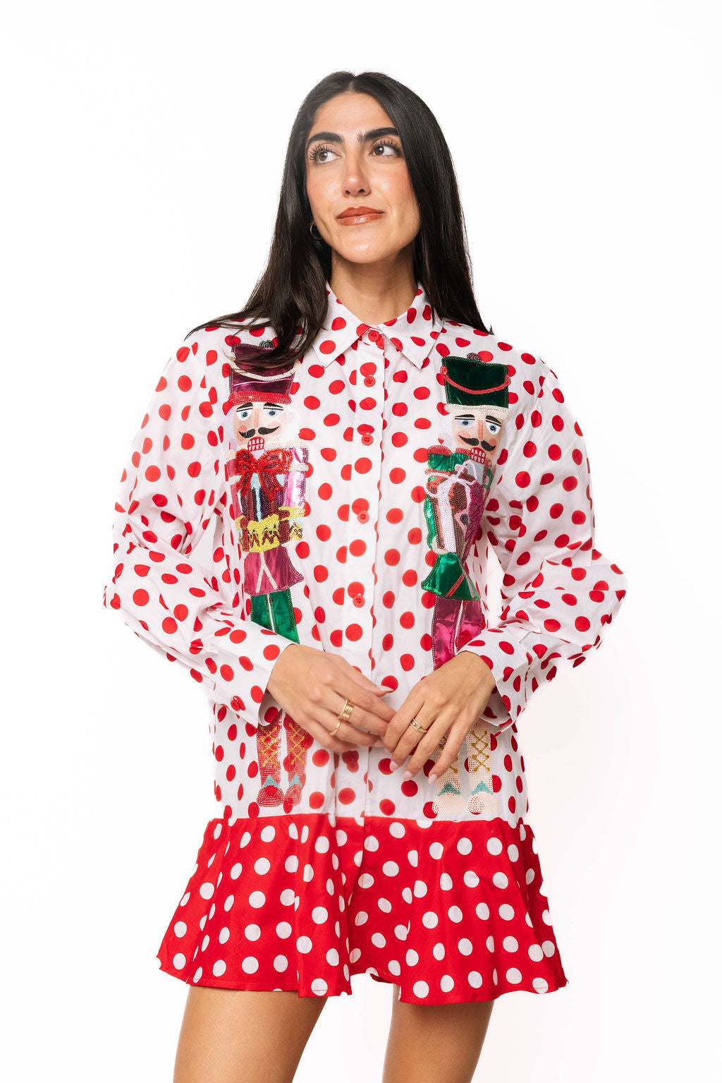 Red & White Polka Dot Metallic Nutcracker Button Up Cotton Dress