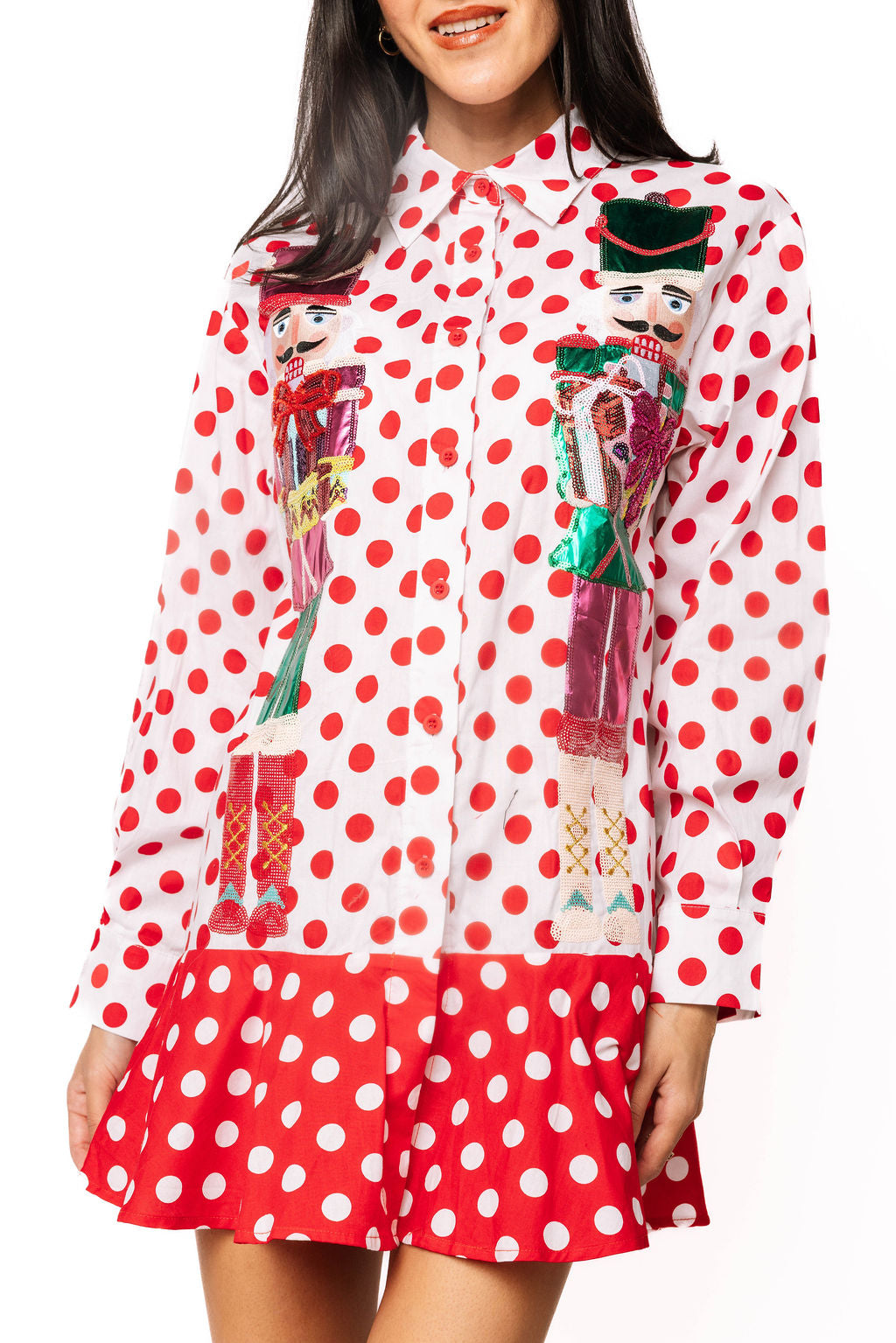 Red & White Polka Dot Metallic Nutcracker Button Up Cotton Dress