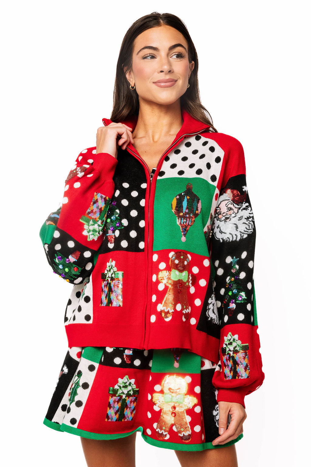 Multi Colorblock Polka Dot Christmas Icon Collar Sweater