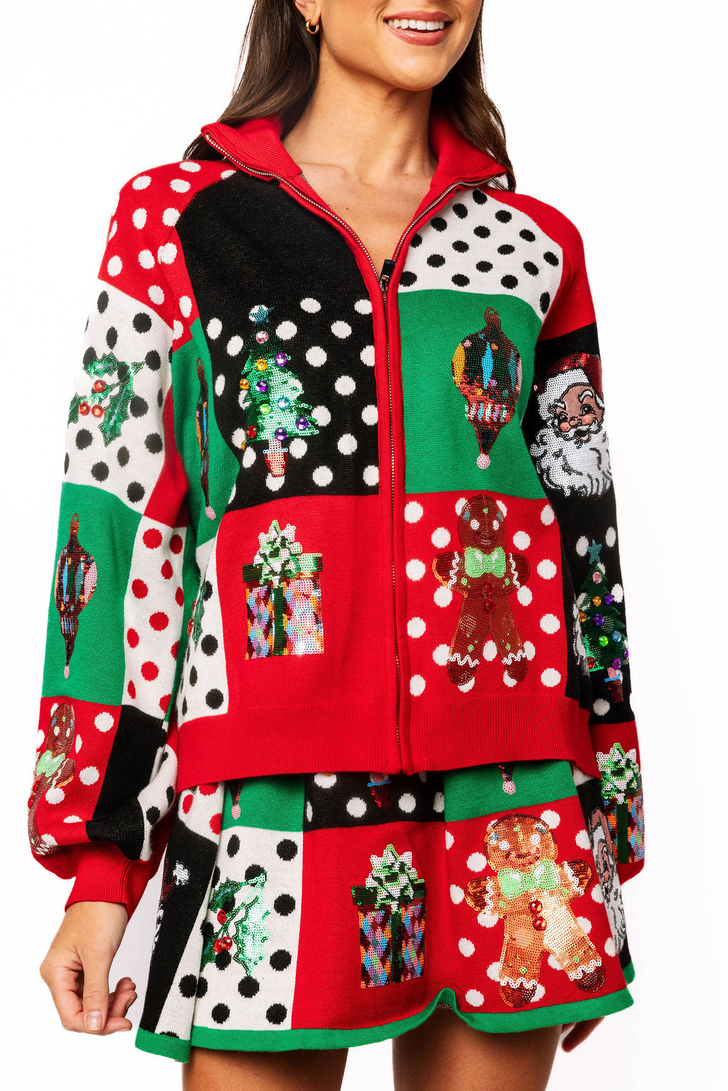 Multi Colorblock Polka Dot Christmas Icon Knit Skirt