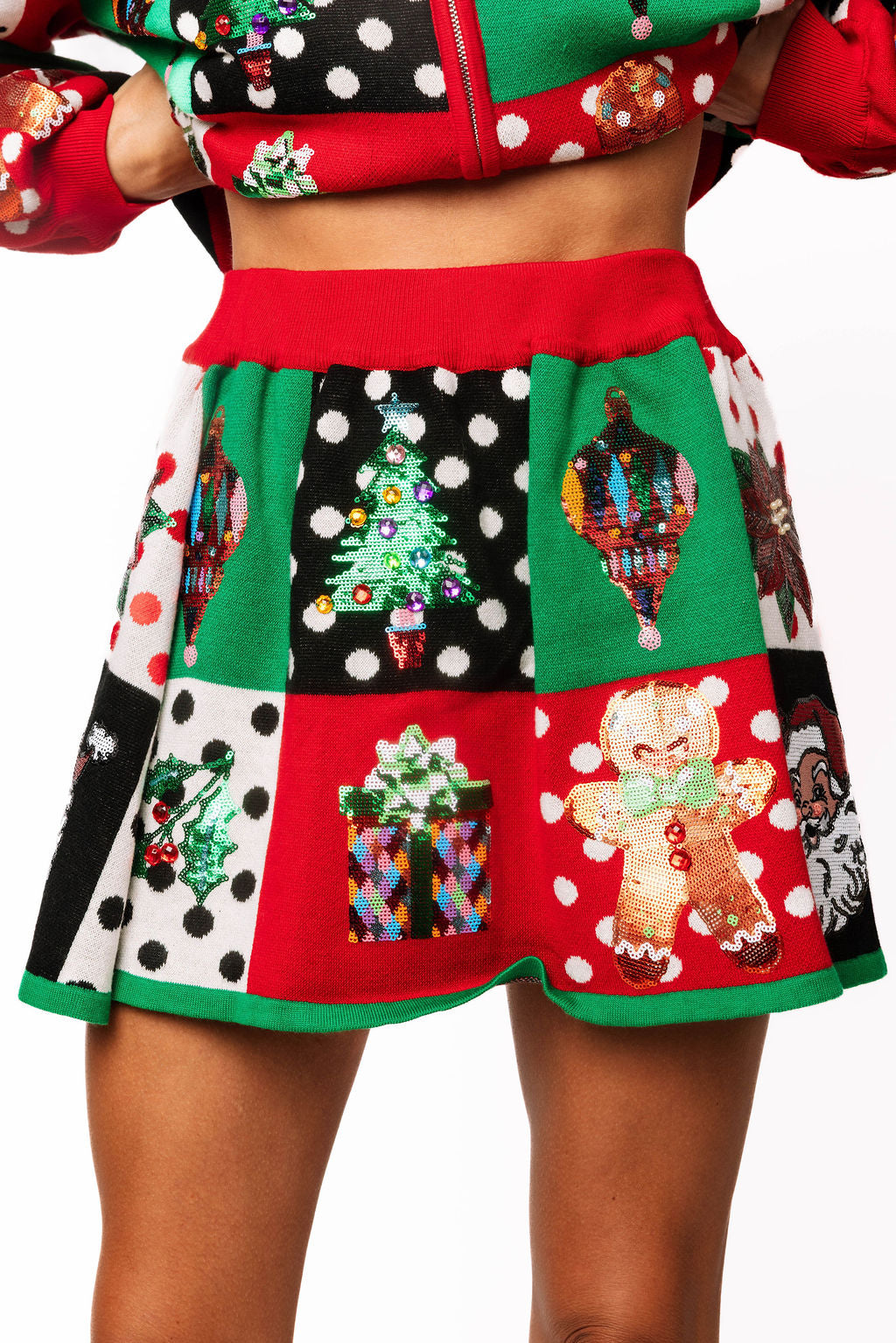Multi Colorblock Polka Dot Christmas Icon Knit Skirt