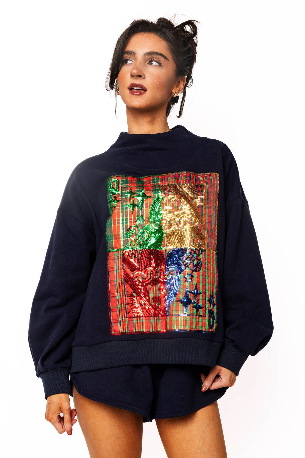 Navy Christmas Plaid Metallic QOS Card Logo Mockneck Sweatshirt