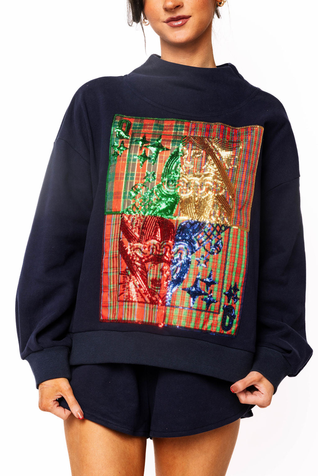 Navy Christmas Plaid Metallic QOS Card Logo Mockneck Sweatshirt