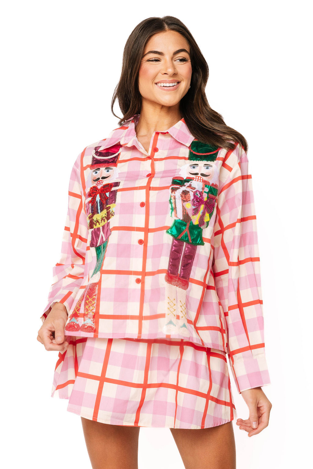Pink & Red Plaid Metallic Nutcracker Cotton Button Up Top