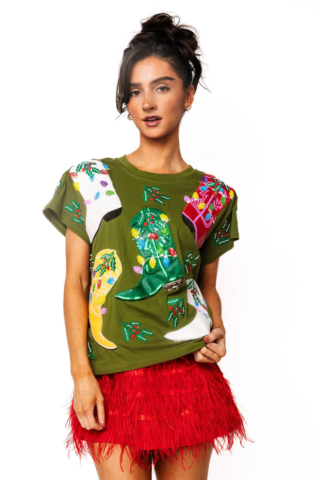 Green Multi Christmas Cowboy Boots Tee