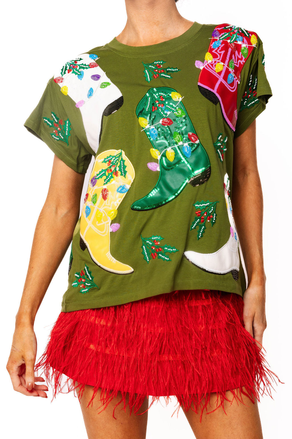 Green Multi Christmas Cowboy Boots Tee