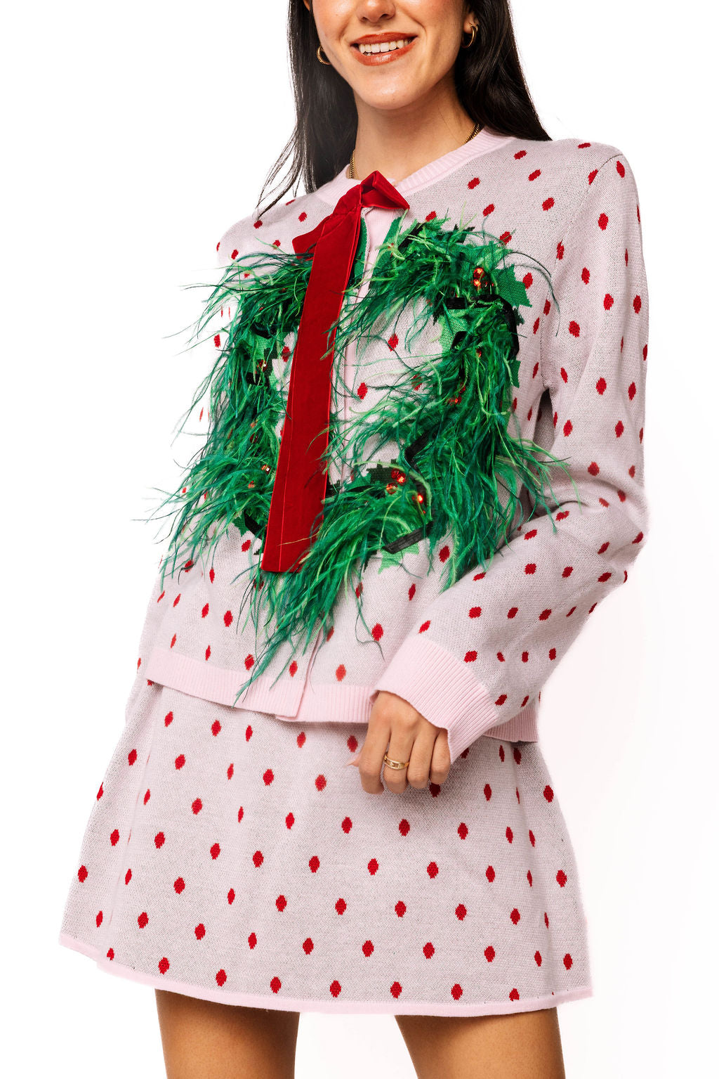 Light Pink & Red Polka Dot Wreath Neck Knit Sweater