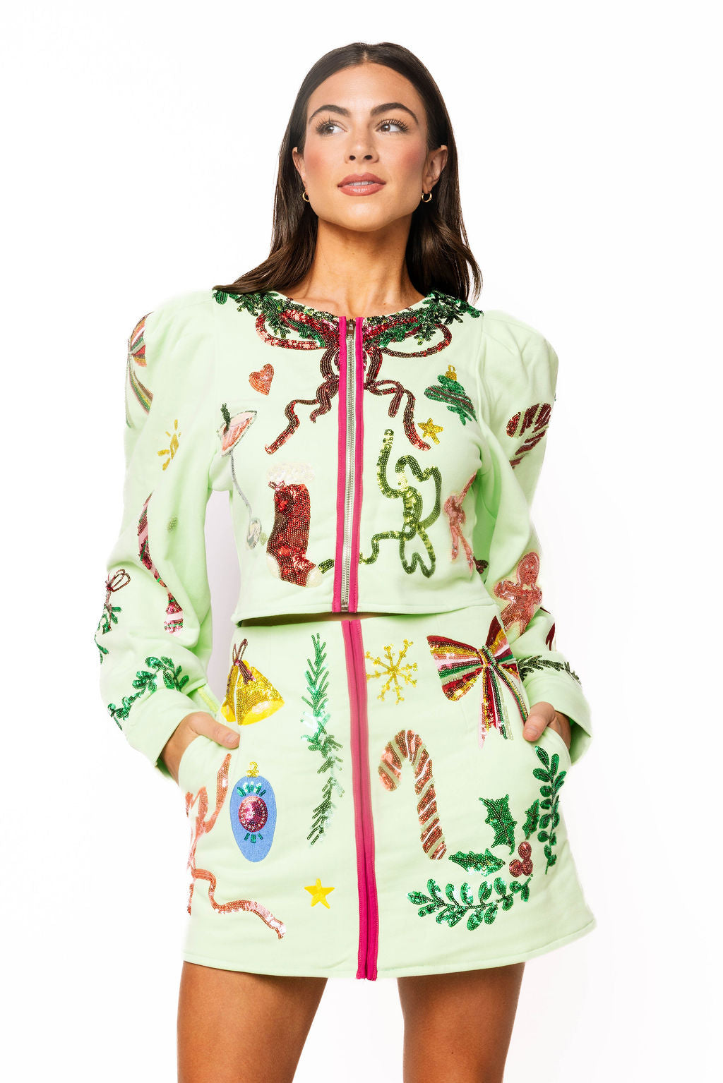 Green Christmas Icon Zip Up Top