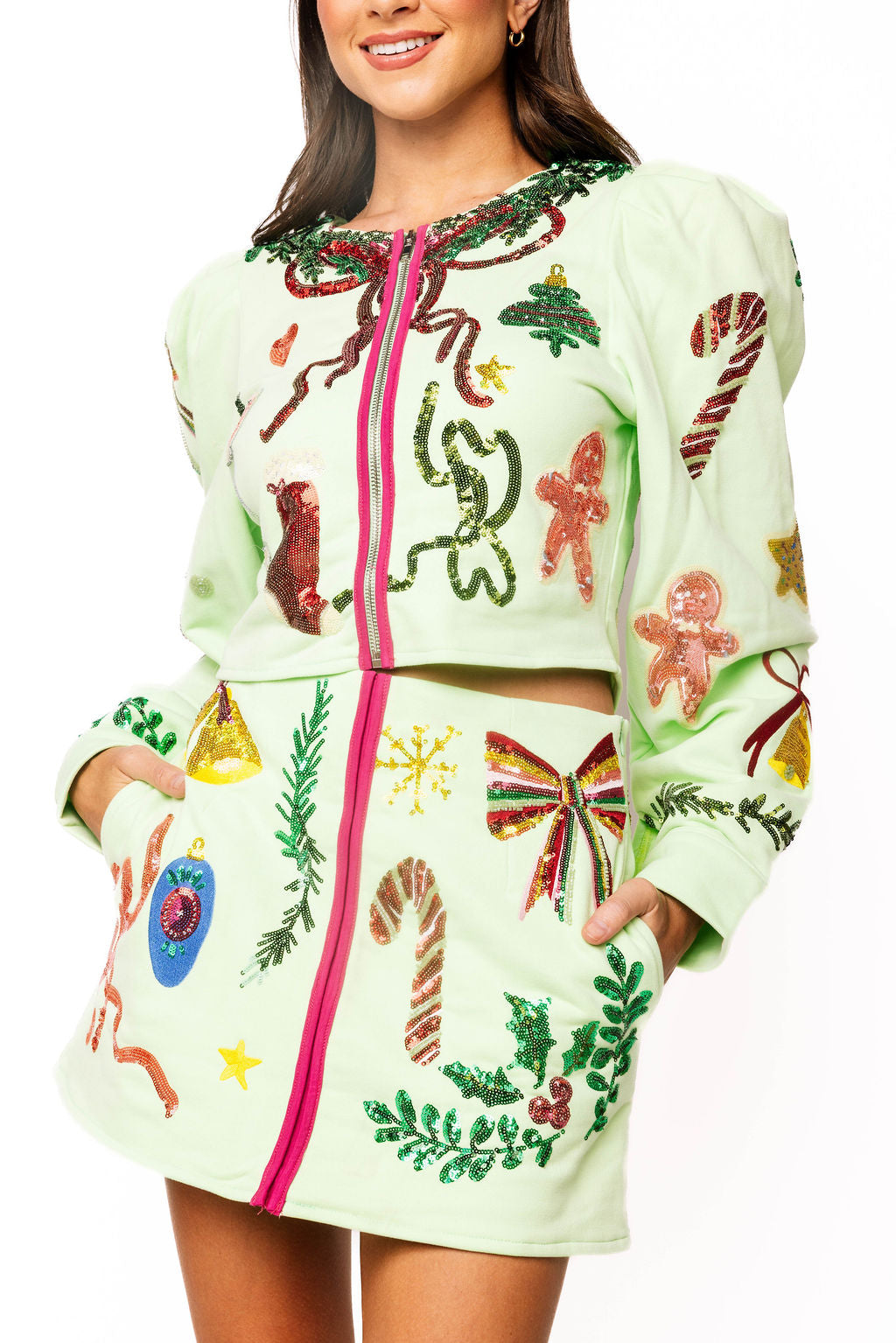 Green Christmas Icon Zip Up Top
