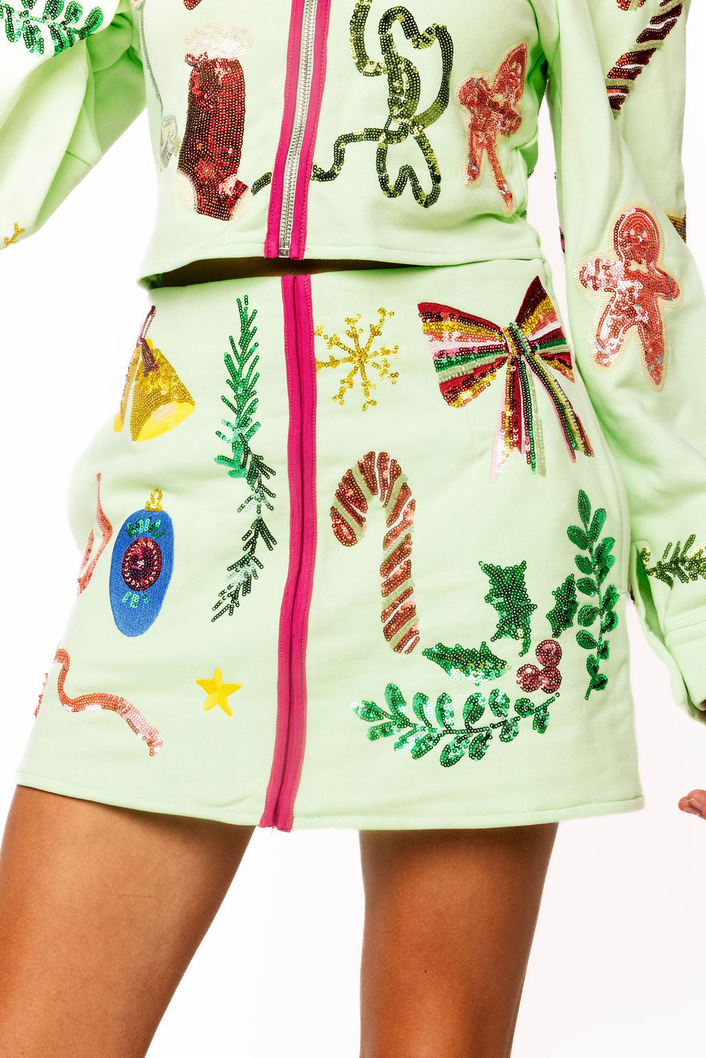 Green Christmas Icons Zip Up Skirt