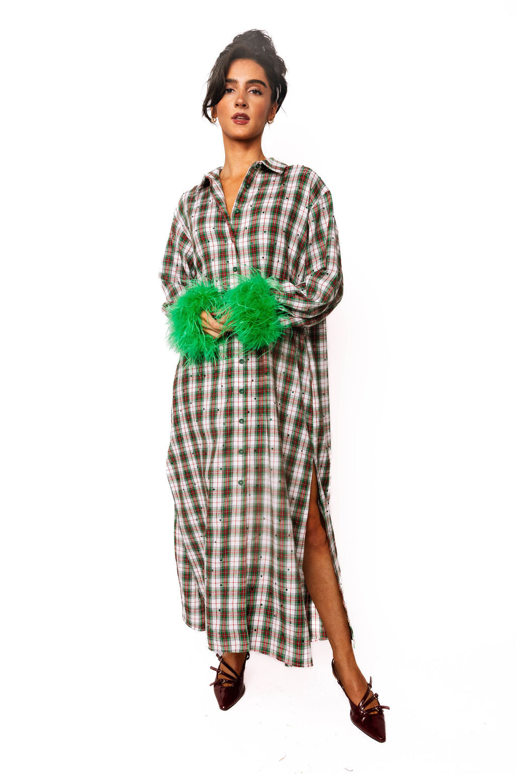 Red & Green Plaid Rhinestone Feather Sleeve Midi Dress