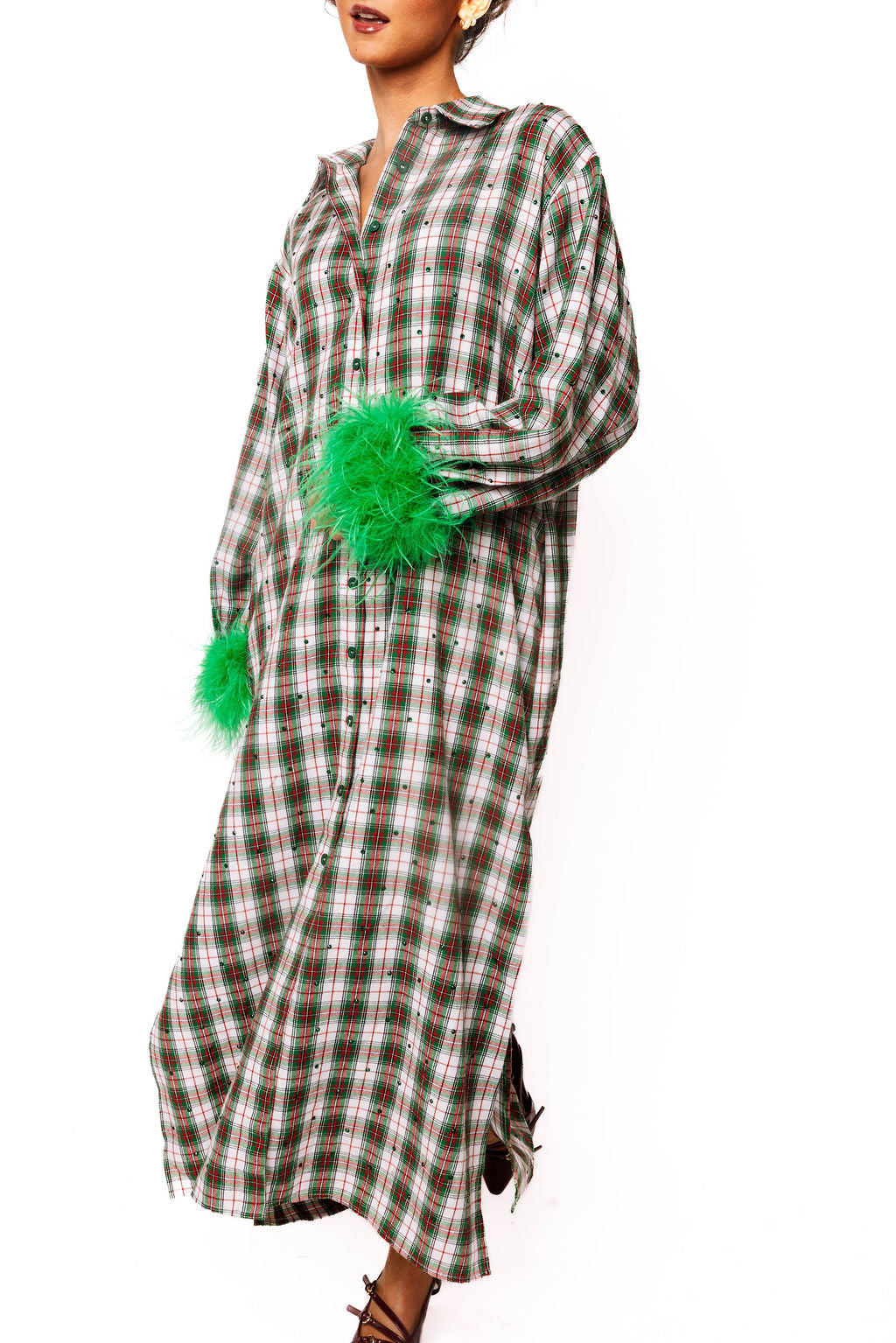 Red & Green Plaid Rhinestone Feather Sleeve Midi Dress