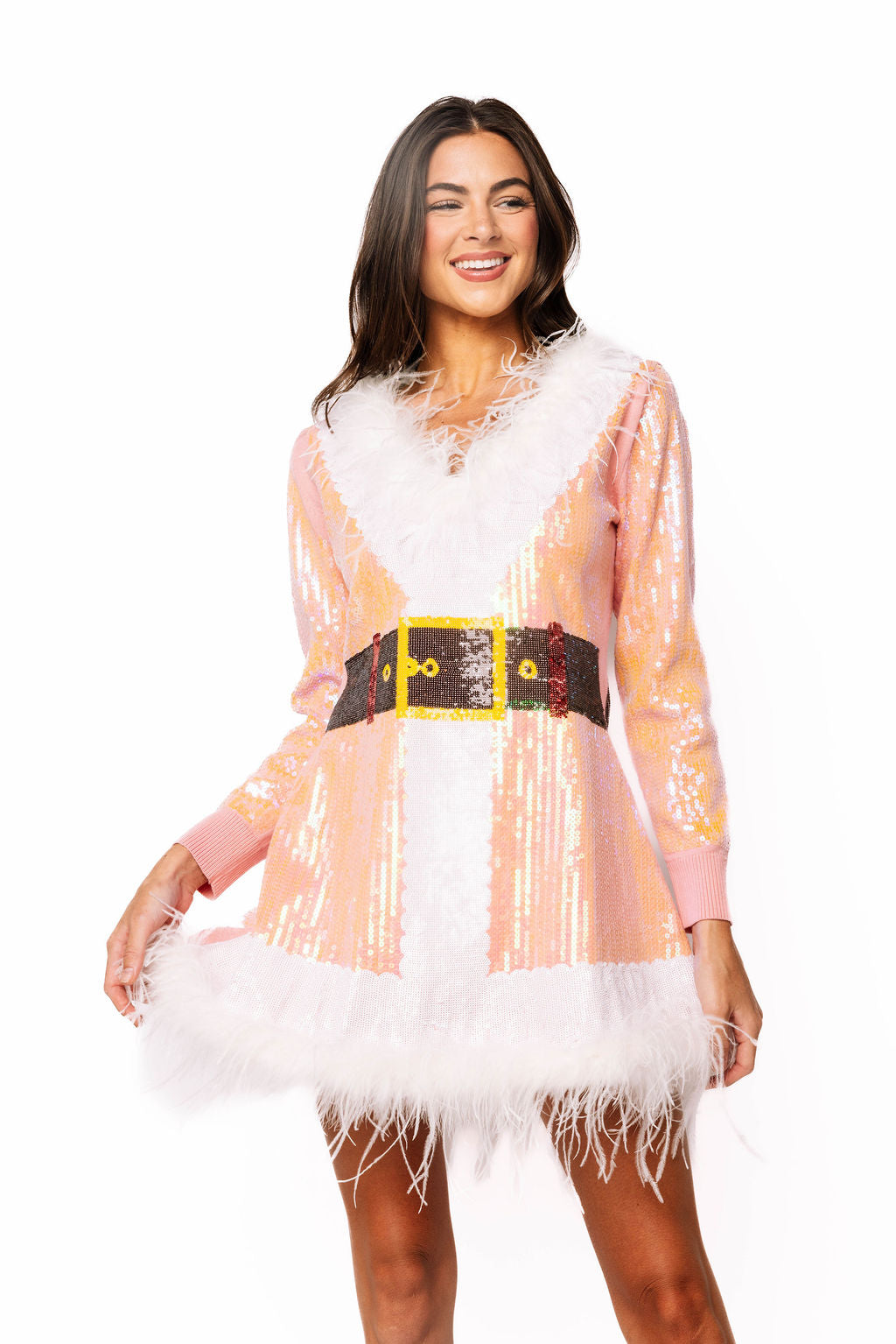Pink Sequin Feather Trim Santa Knit Dress