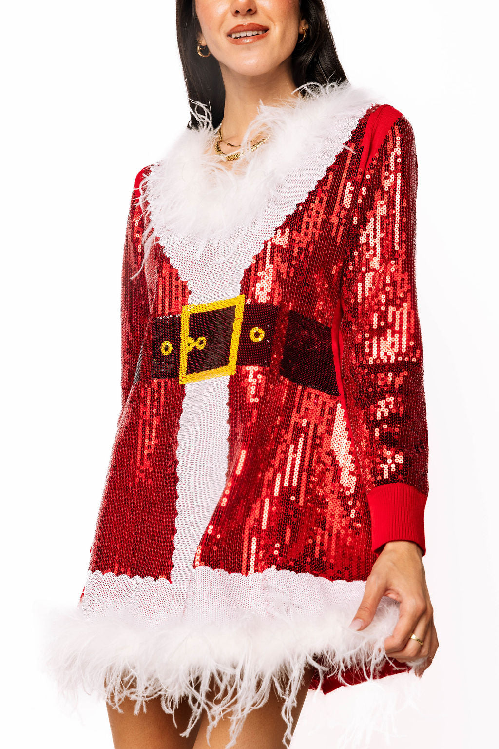 Red Sequin Feather Trim Santa Knit Dress
