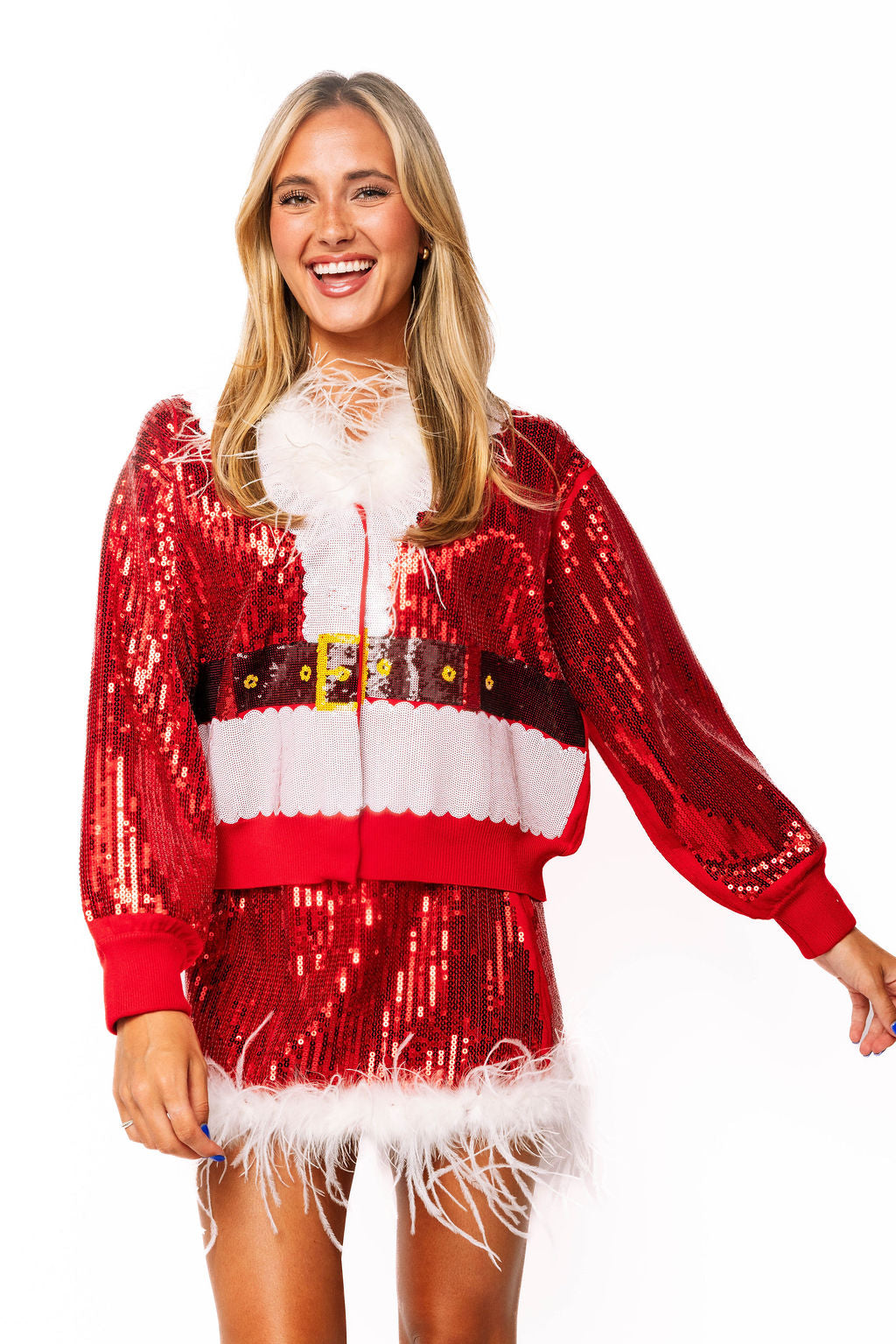 Red Sequin Feather Trim Santa Skirt