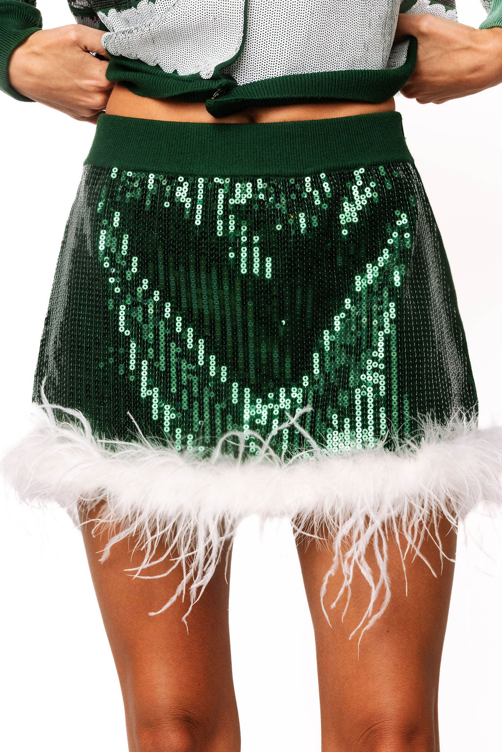 Sample Green Sequin Feather Trim Santa Coat Button Up Cardigan & Skirt Set
