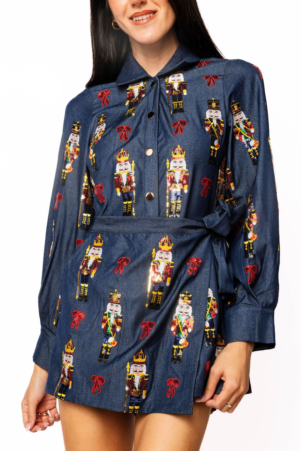 Denim Nutcracker & Bow Wrap Tie Romper