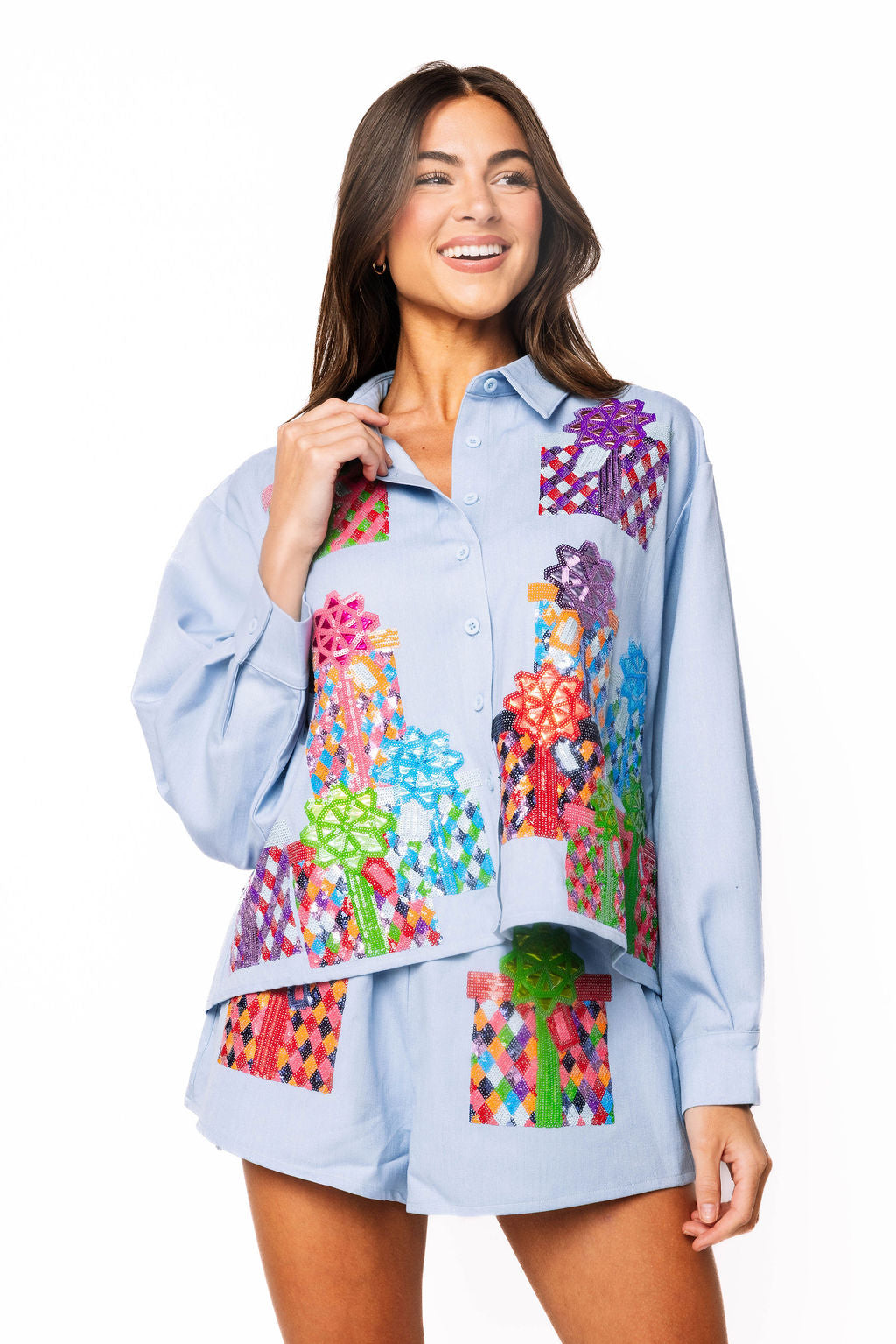 Sample Chambray Multi Present Button Up Top & Short Set