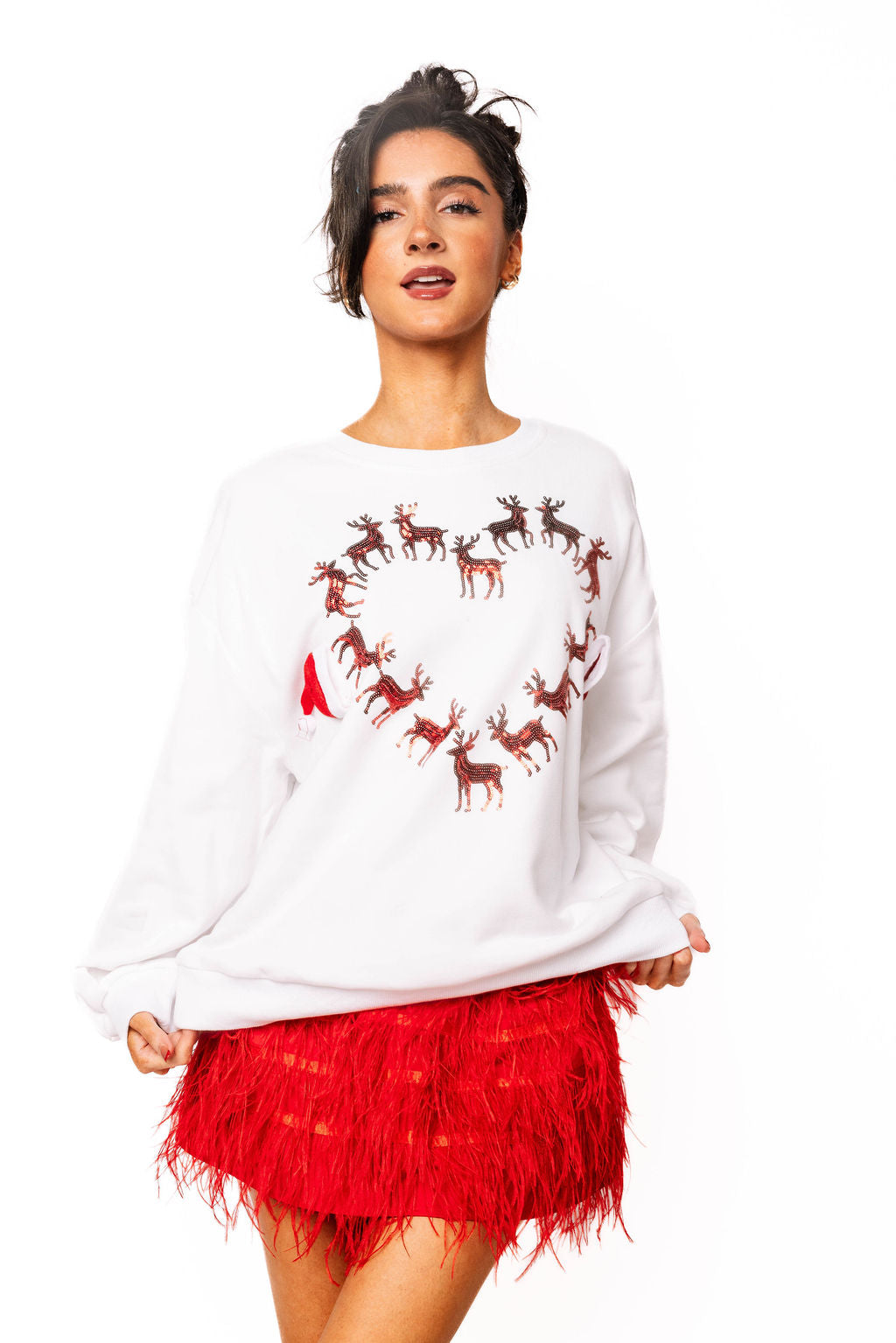 Sample White & Red Reindeer In a Heart Santa Hats Sweatshirt