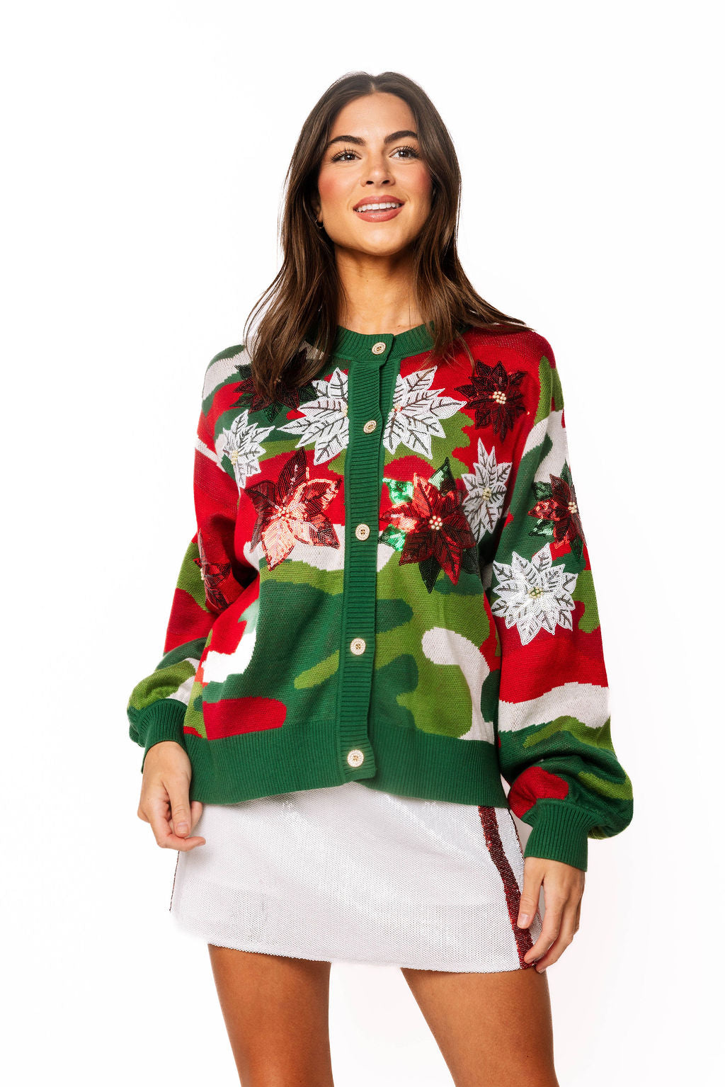 Sample Red, Green & White Camo Poinsettia Button Up Cardigan