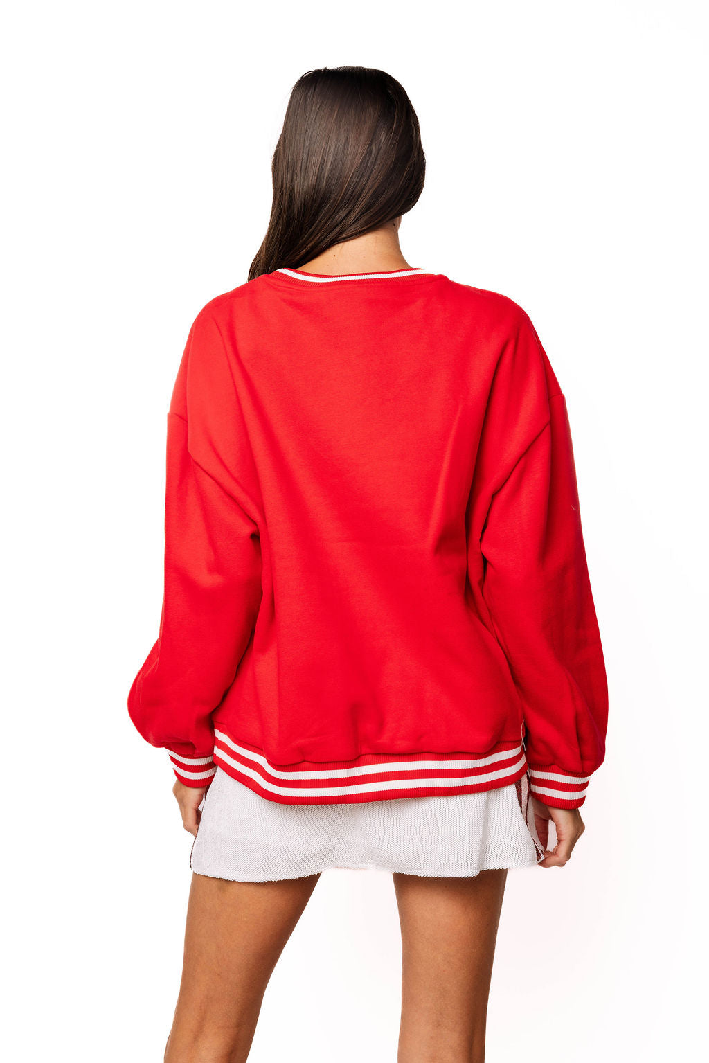Sample Red Rhinestone Reindeer Around Christmas Tree Sport Stripe Sweatshirt