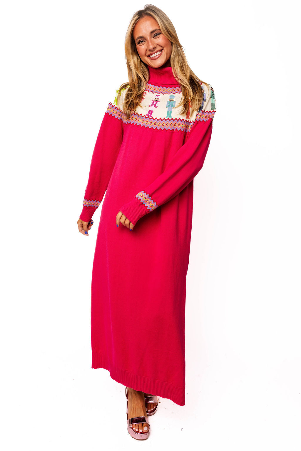 Sample Hot Pink Multi Rainbow Nutcracker Knit Midi Turtleneck Dress