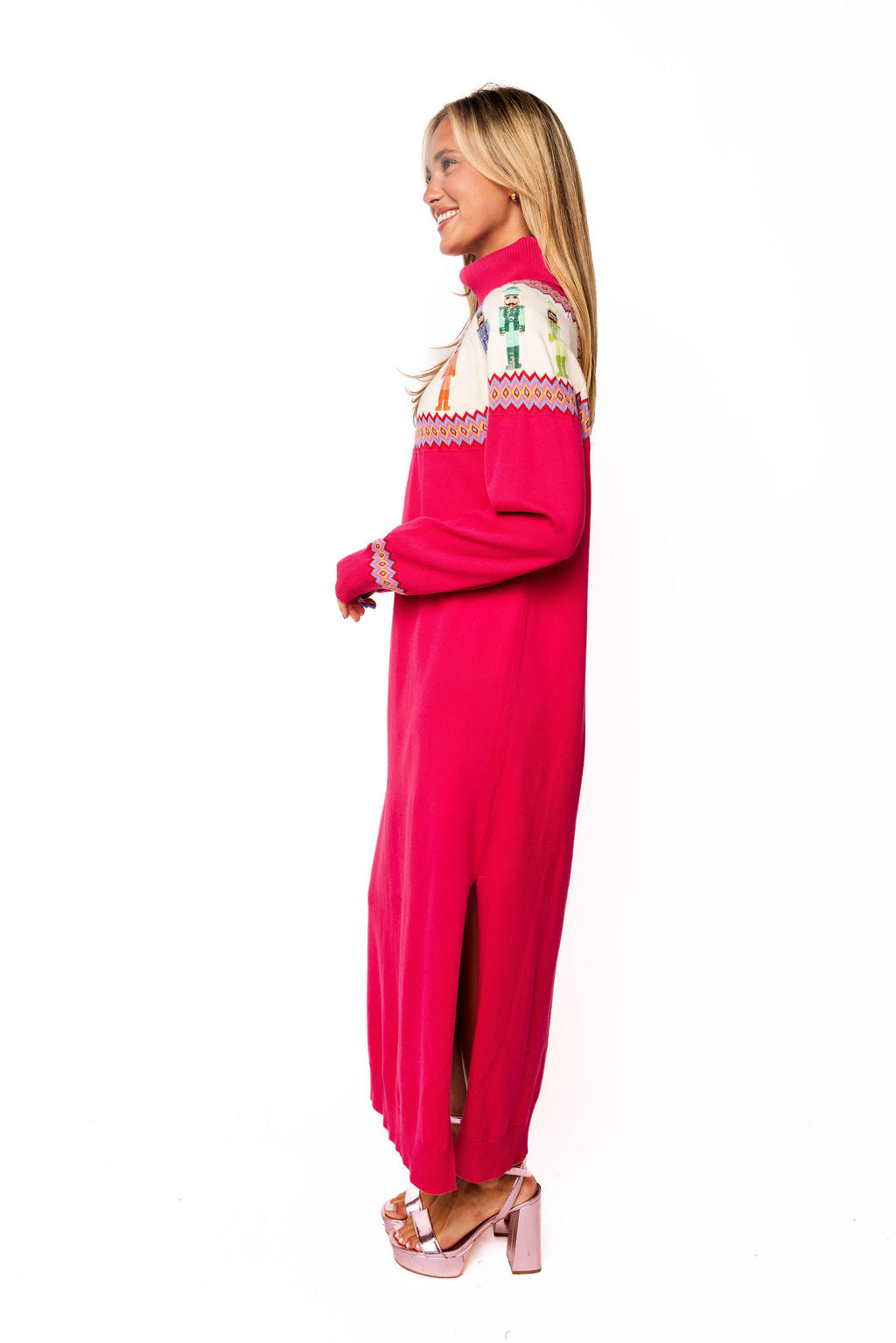 Sample Hot Pink Multi Rainbow Nutcracker Knit Midi Turtleneck Dress