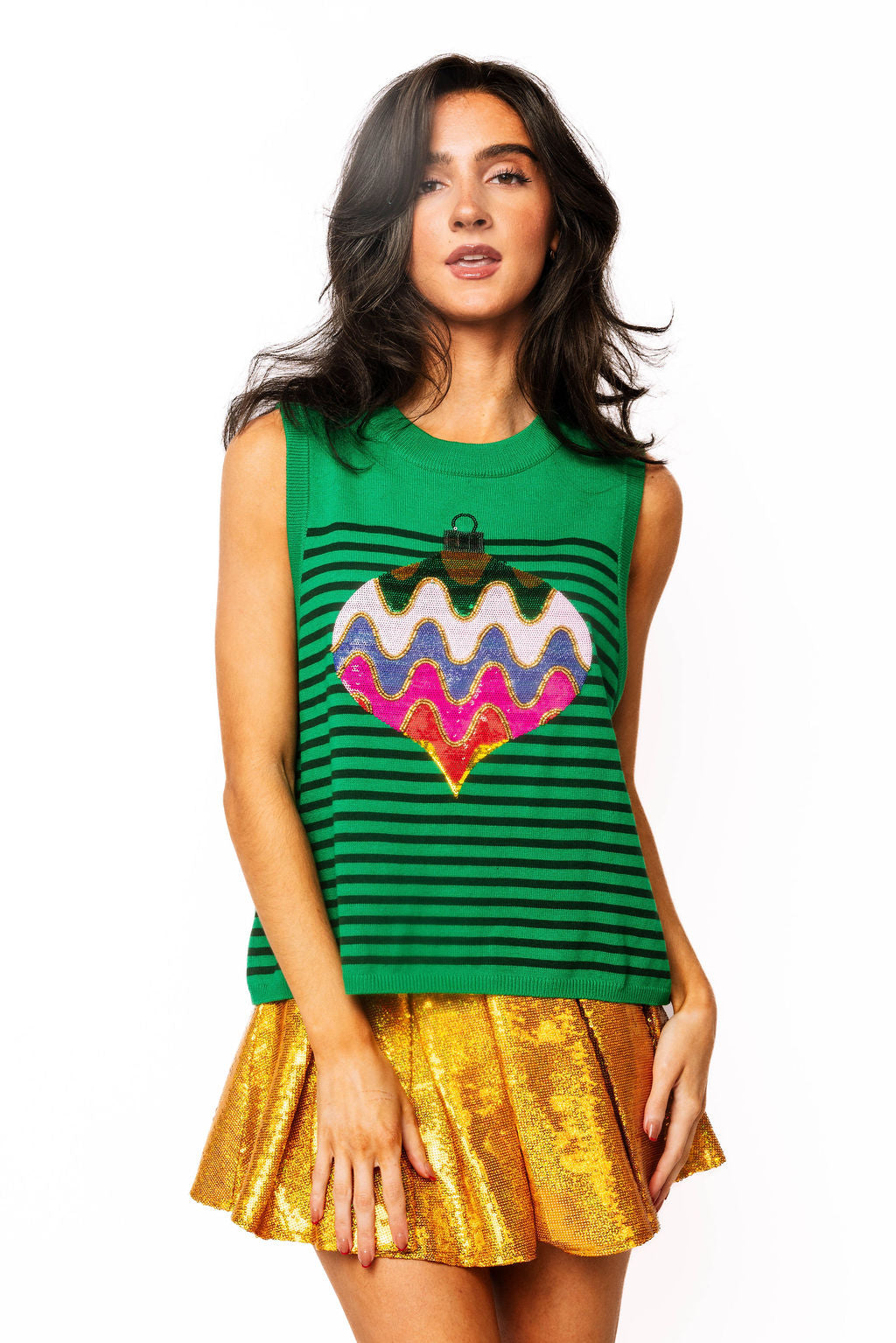 Green Striped Knit Multi Ornament Tank
