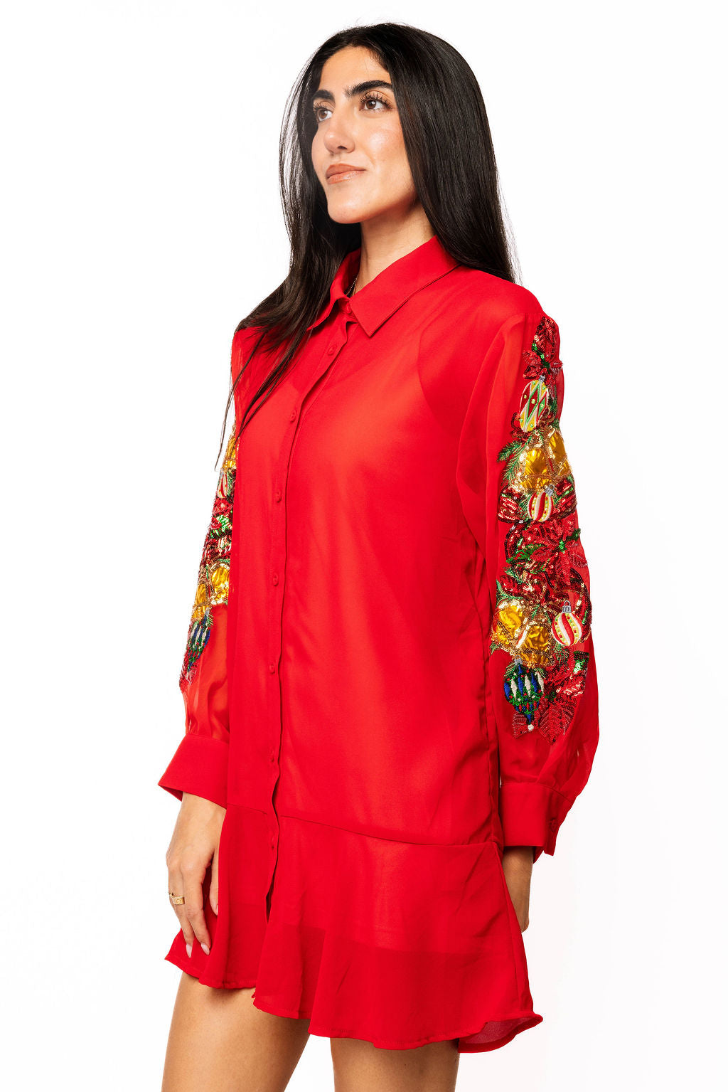 Sample Red Poinsettia & Ornament Sleeve Sheer Button Up Dress