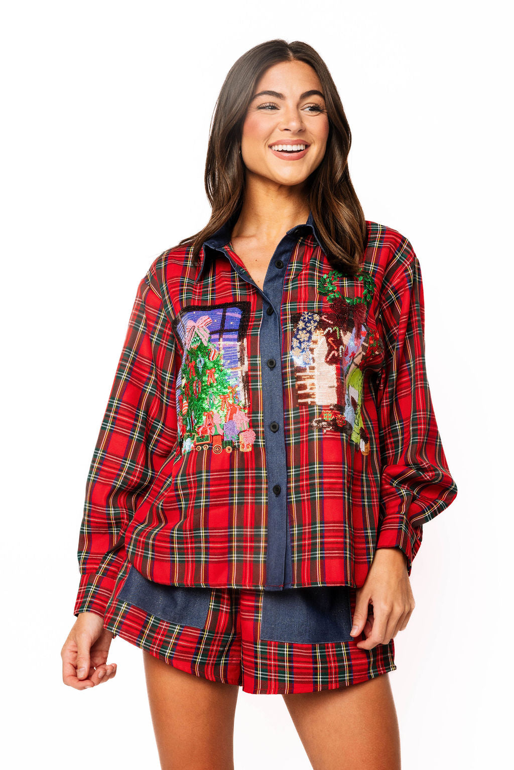 Sample Red Plaid White Denim Trim & Pockets Christmas Living Room Scene Button Up Top & Short Set