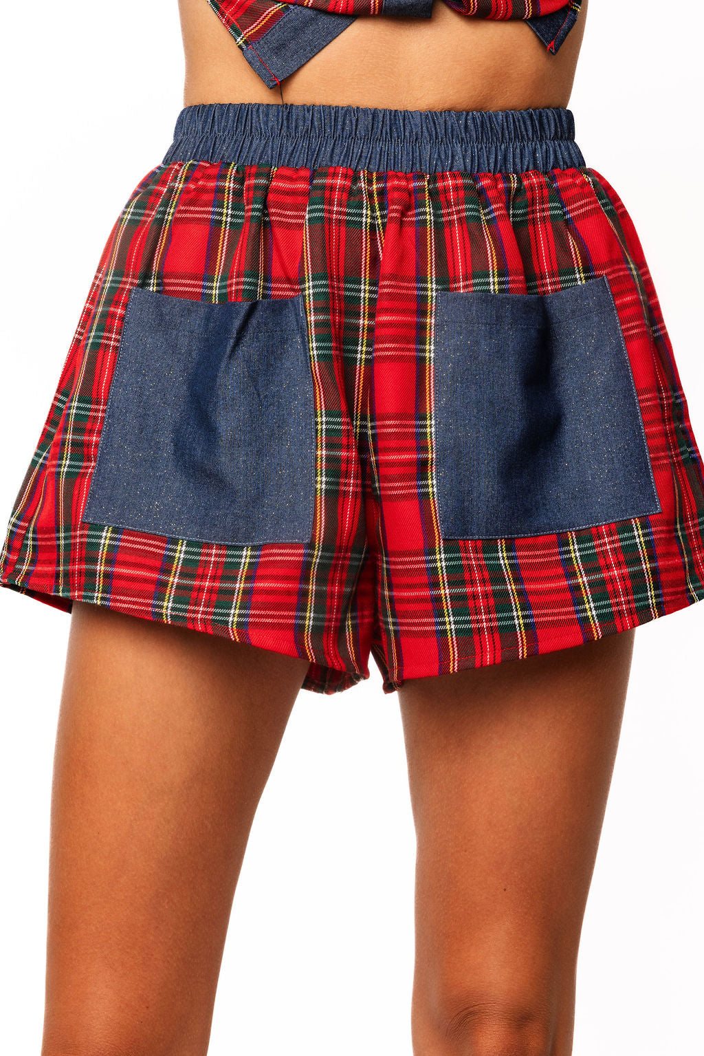 Sample Red Plaid White Denim Trim & Pockets Christmas Living Room Scene Button Up Top & Short Set
