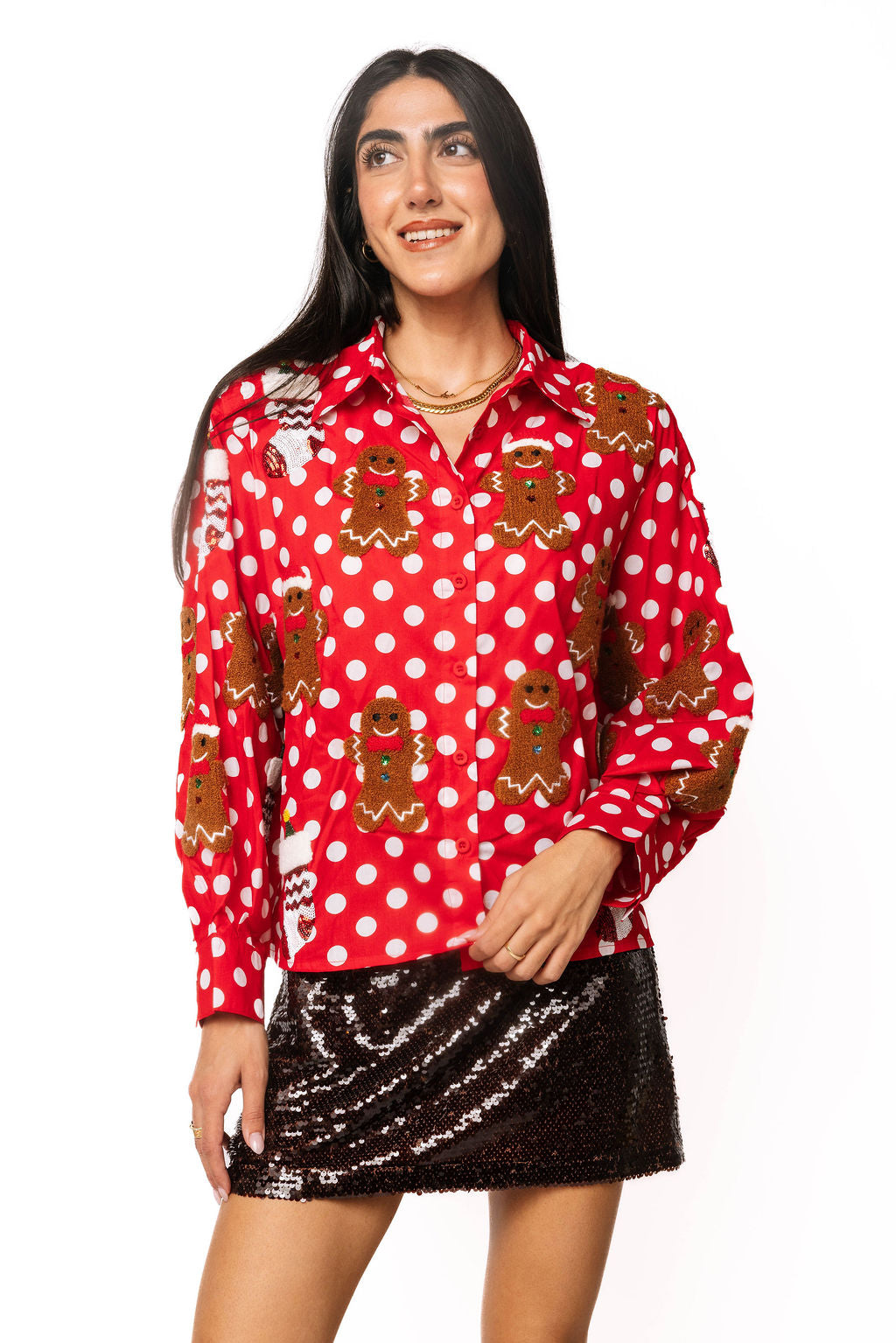 Red & White Polka Dot Gingerbread Man & Stocking Cotton Top