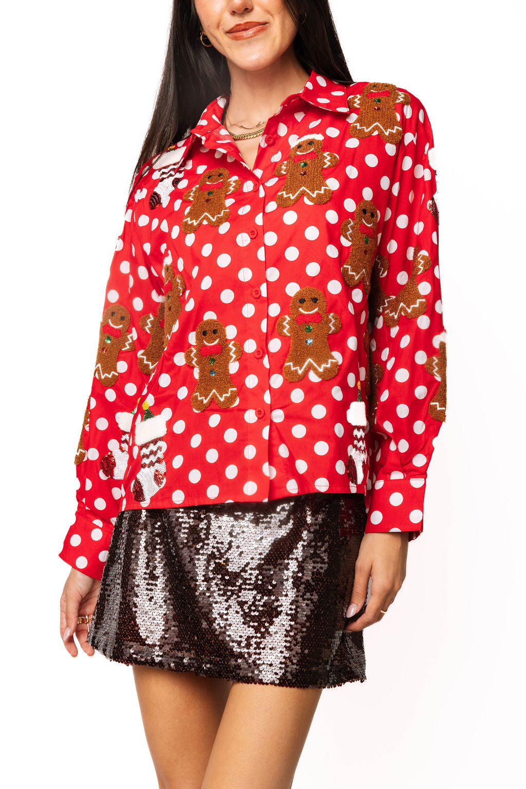 Red & White Polka Dot Gingerbread Man & Stocking Cotton Top
