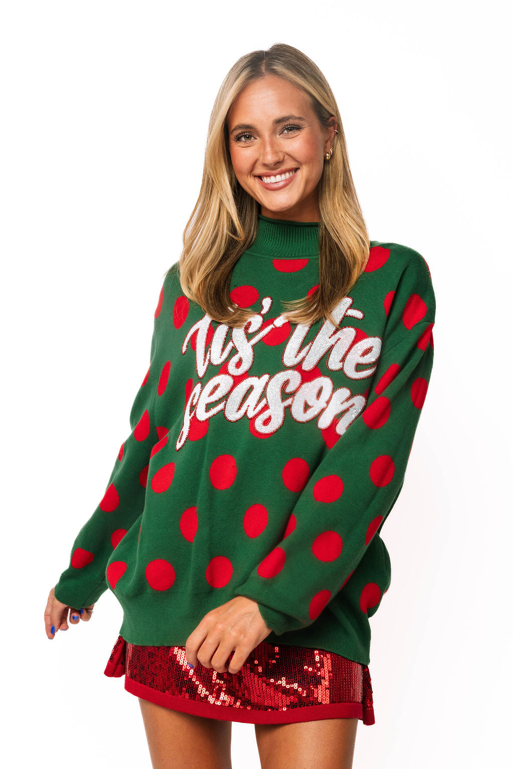 Green & Red Polka Dot 'Tis the Season' Turtleneck Sweater