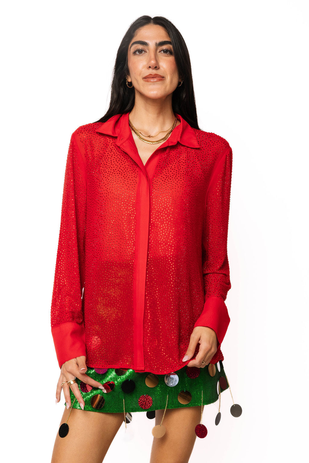 Red Rhinestone Button Up Top