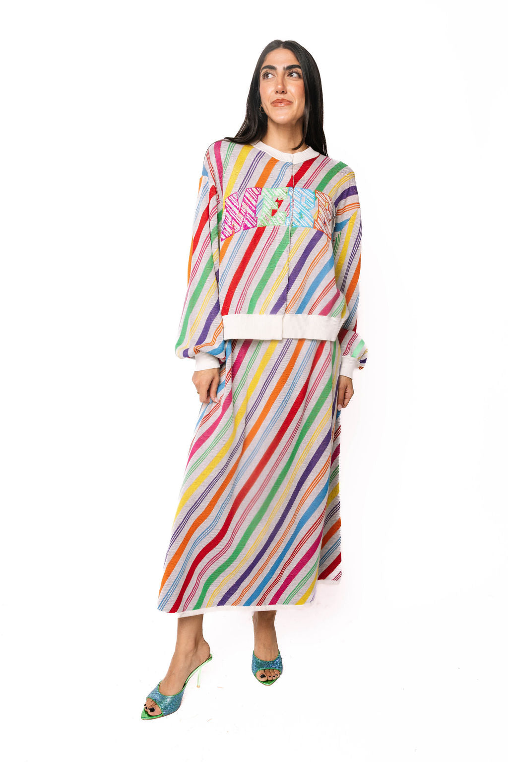 Rainbow Striped Diagonal Knit Midi Skirt