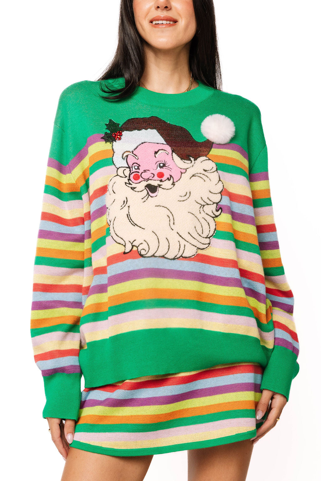 Green Rainbow Striped Santa Claus Sweater