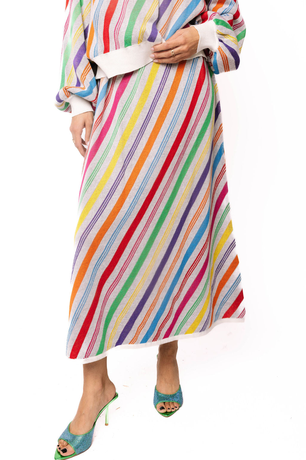 Rainbow Striped Diagonal Knit Midi Skirt
