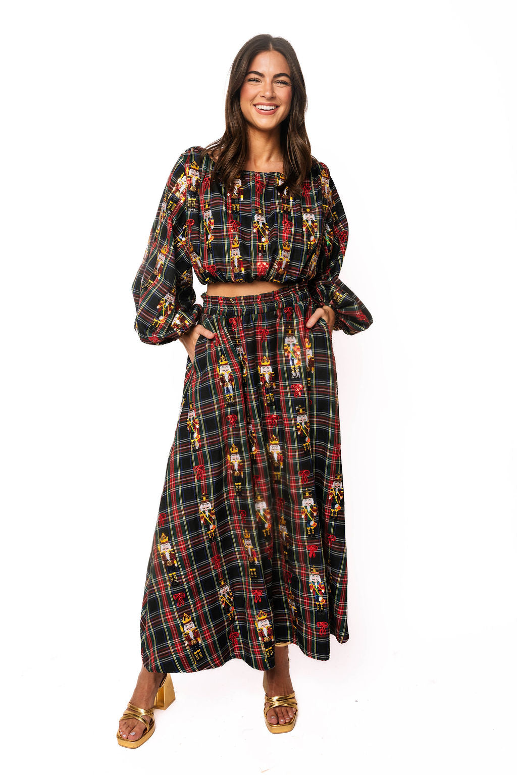 Navy Plaid Nutcracker & Bow Cotton Midi Skirt